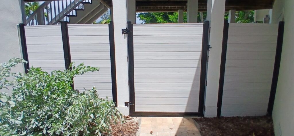 Modern Matrix aluminum privacy gate with horizontal panels and black frame